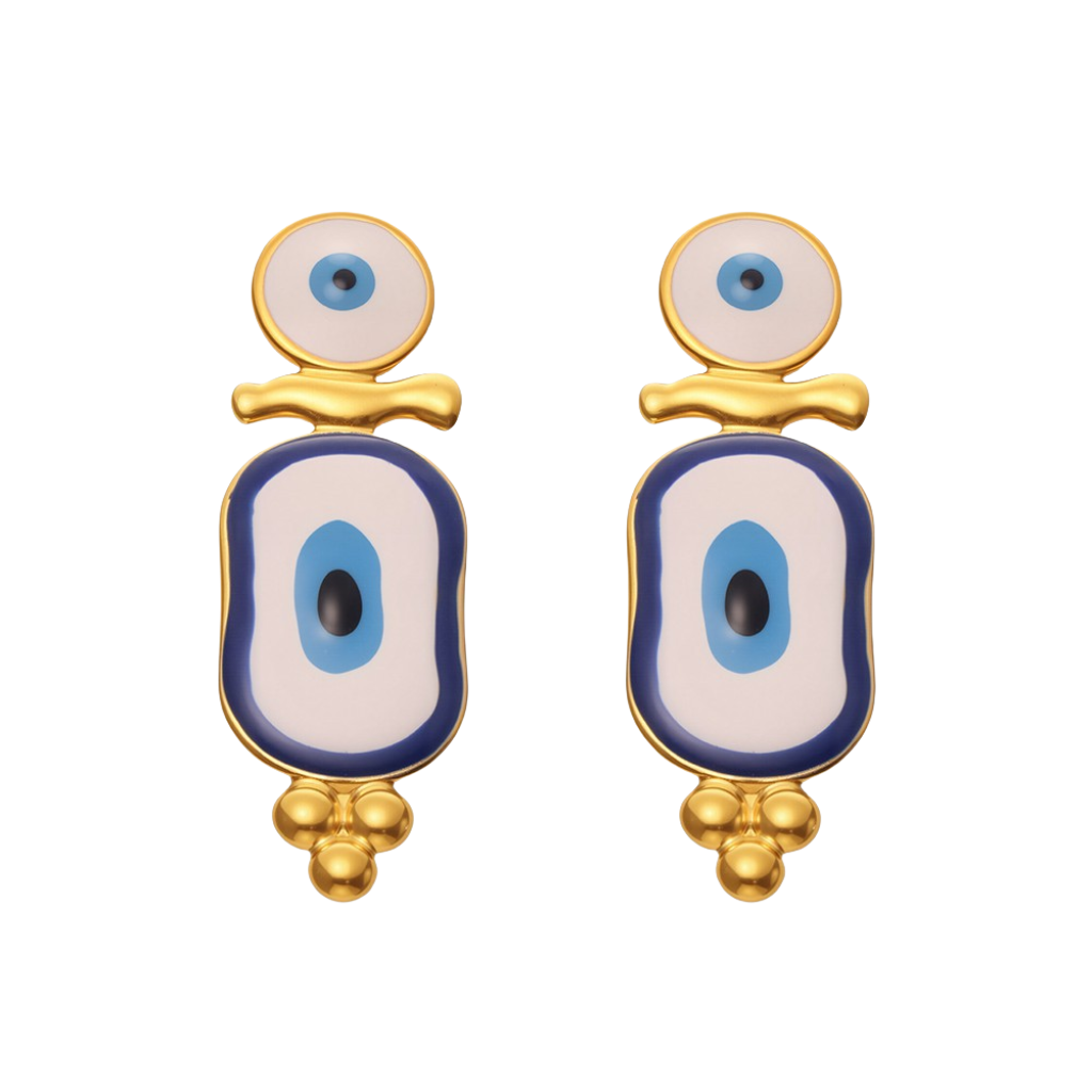 Cosmic Guardian evil eye enamel earrings in celestial blue finish