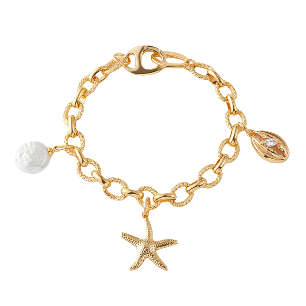 Cosmic Ocean Bracelet with pearl and starfish on white background