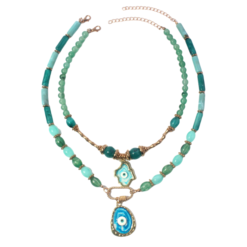 Layered evil eye necklace featuring cosmic energy symbolism and spiritual charm