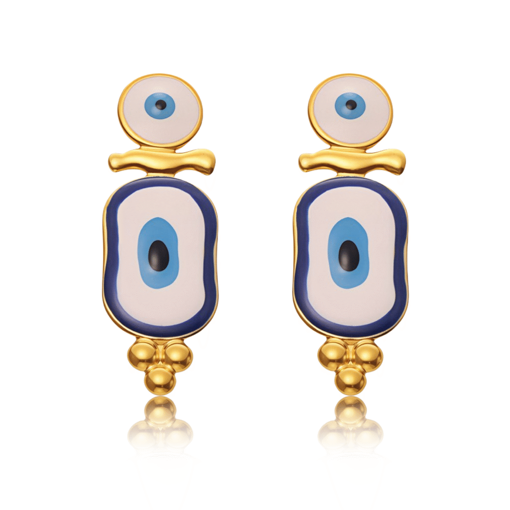 Cosmic Guardian evil eye enamel earrings in celestial blue finish