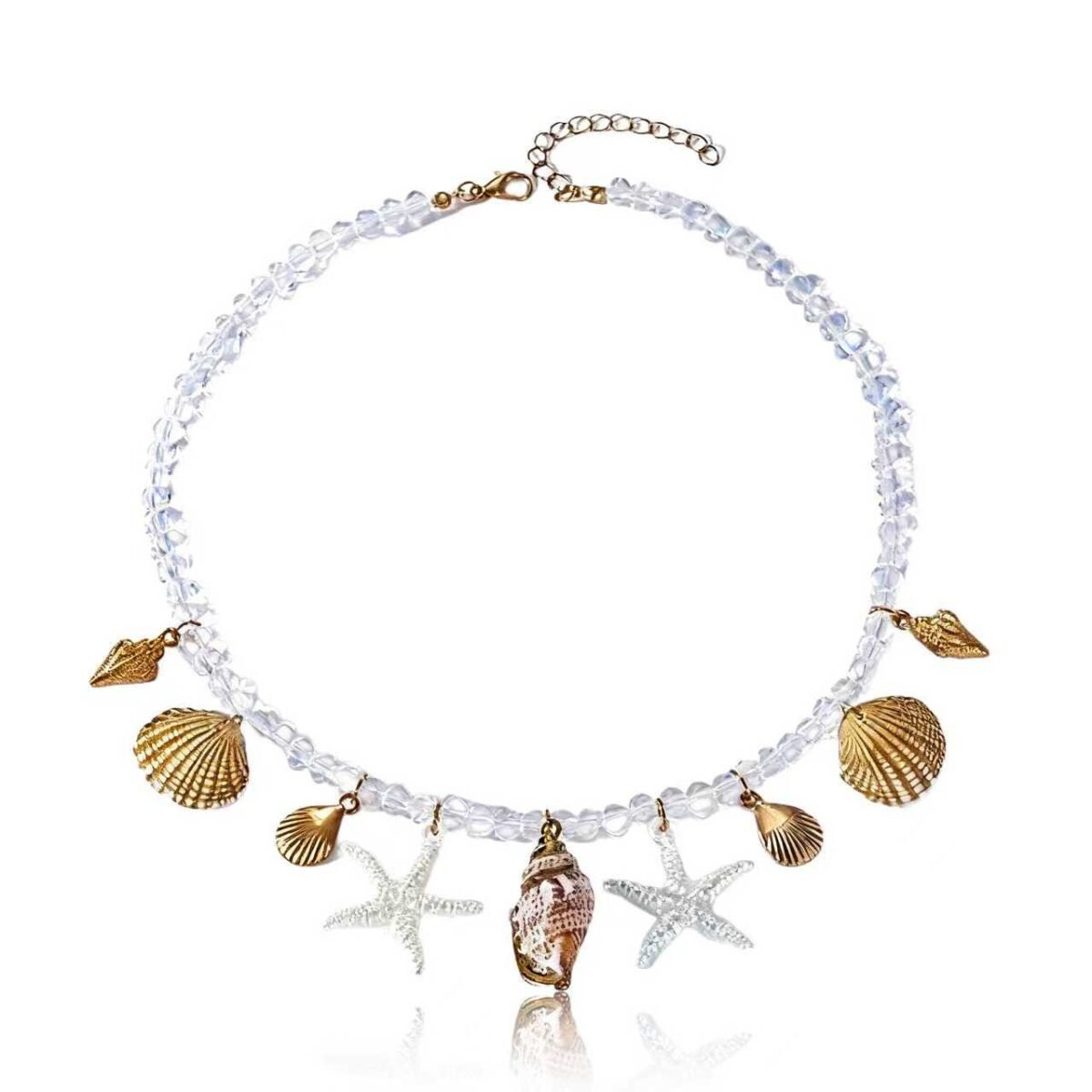 Cosmic Tide Pearls Necklace with pearls, shells, and starfish charms on white background