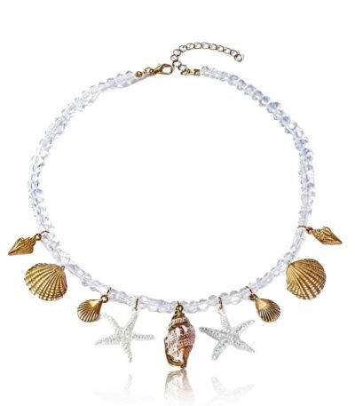 Cosmic Tide Pearls Necklace with pearls, shells, and starfish charms on white background