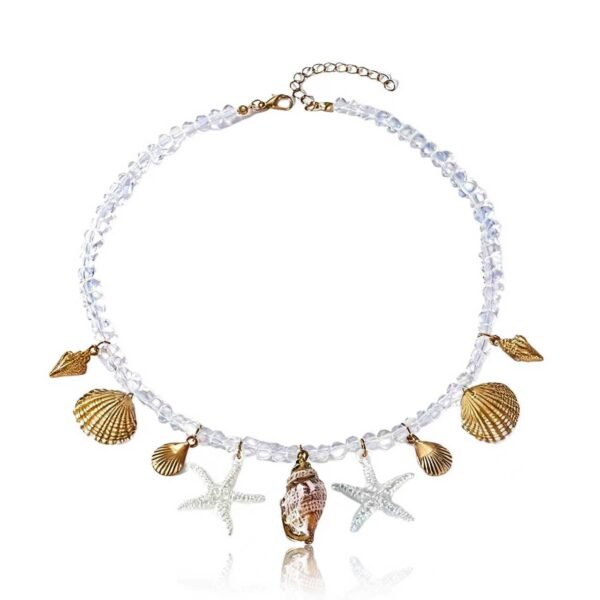 Cosmic Tide Pearls Necklace with pearls, shells, and starfish charms on white background
