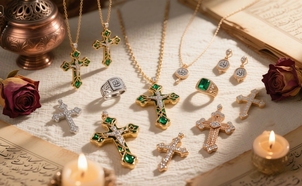 Elegant gold cross necklace and charm bracelet