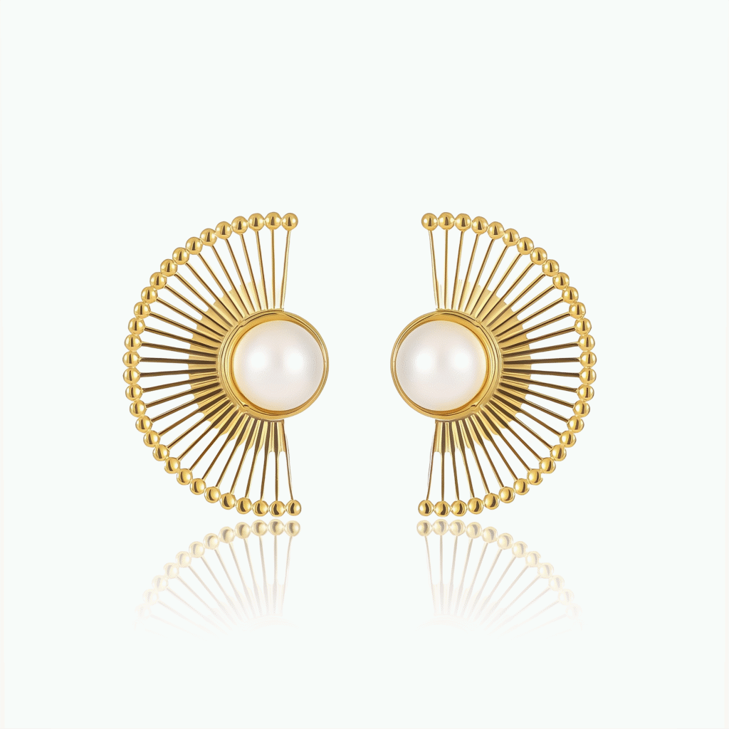 Cosmic Pearl Fan Earrings with centered pearl on white background