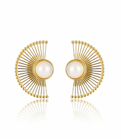 Cosmic Pearl Fan Earrings with centered pearl on white background