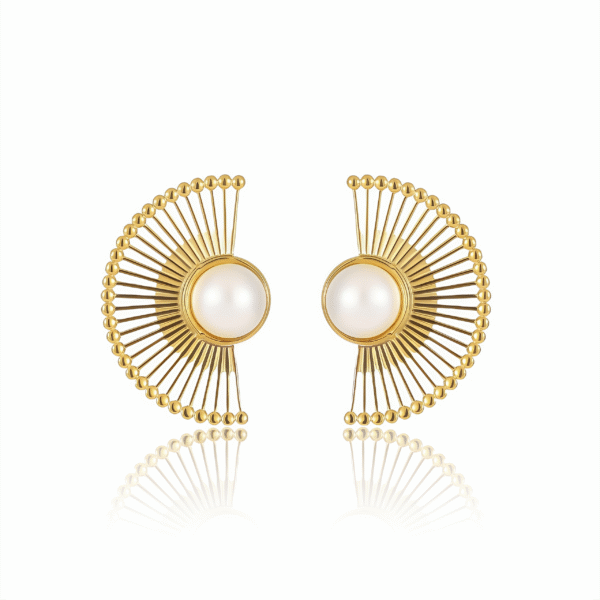 Cosmic Pearl Fan Earrings with centered pearl on white background