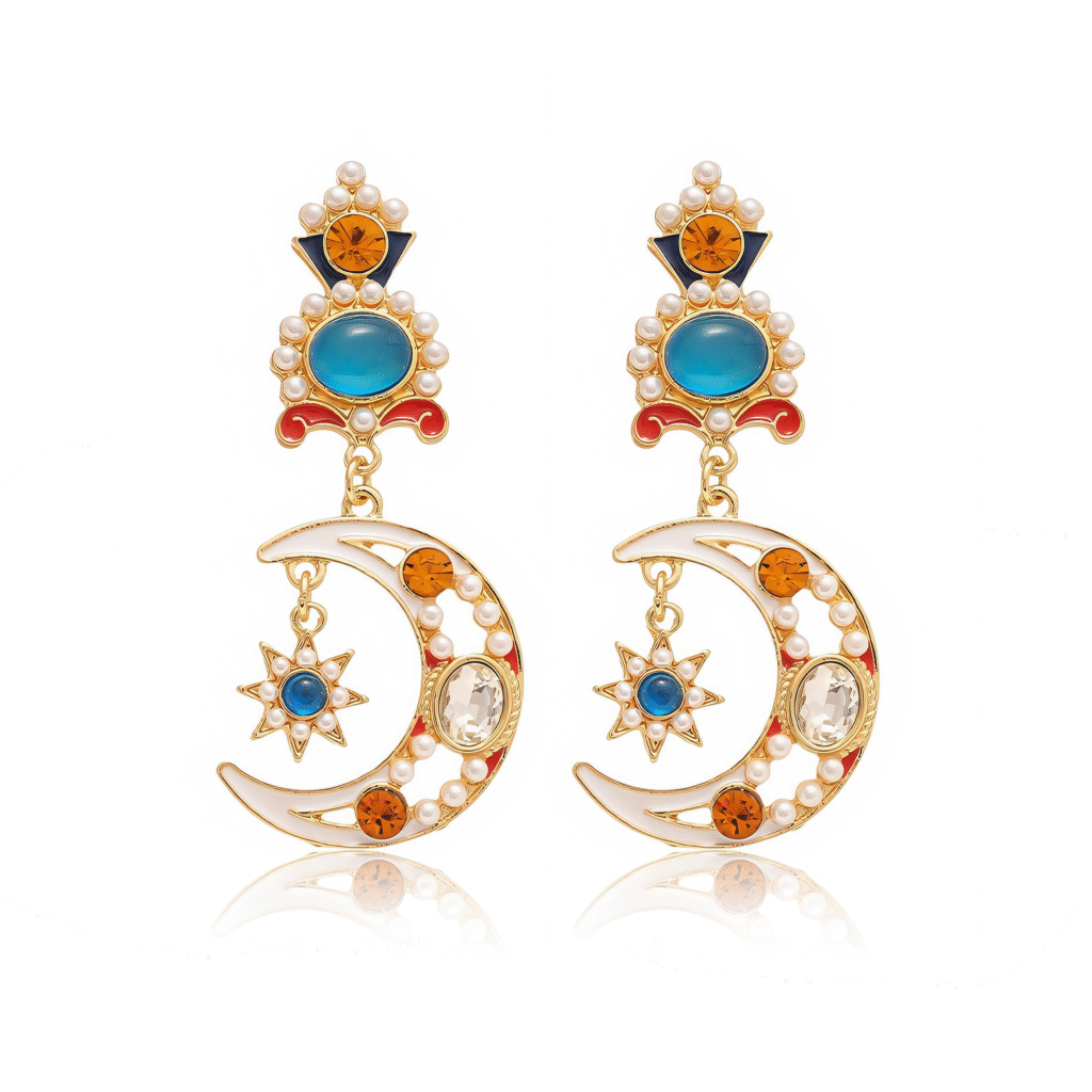 Celestial Pearl Earrings on white background – moon and pearl jewelry