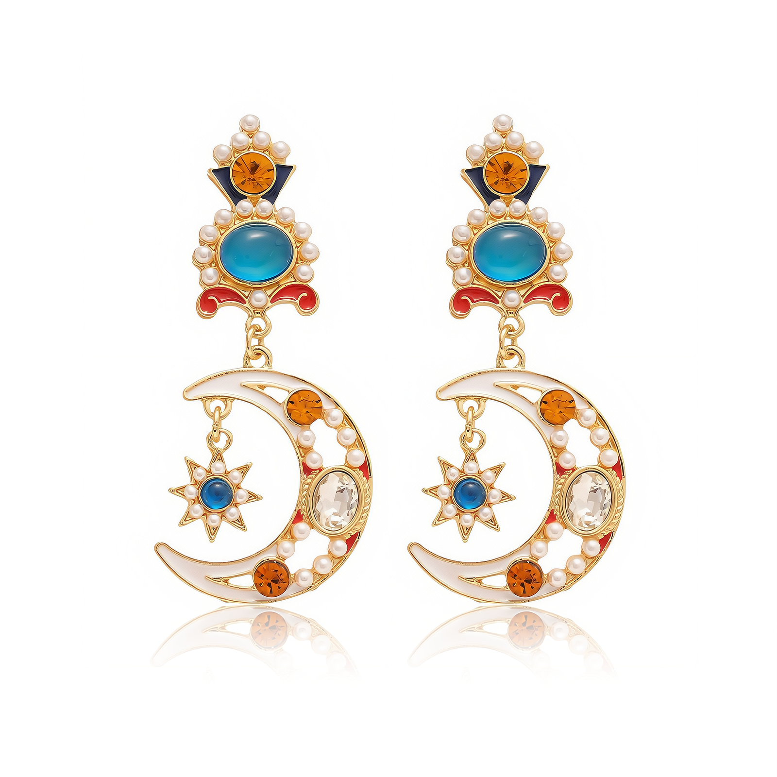 Celestial Pearl Earrings – Harmony of Moon & Light– Main View Celestial Pearl Earrings on white background – moon and pearl jewelry