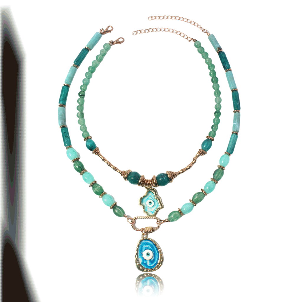 Layered evil eye necklace featuring cosmic energy symbolism and spiritual charm