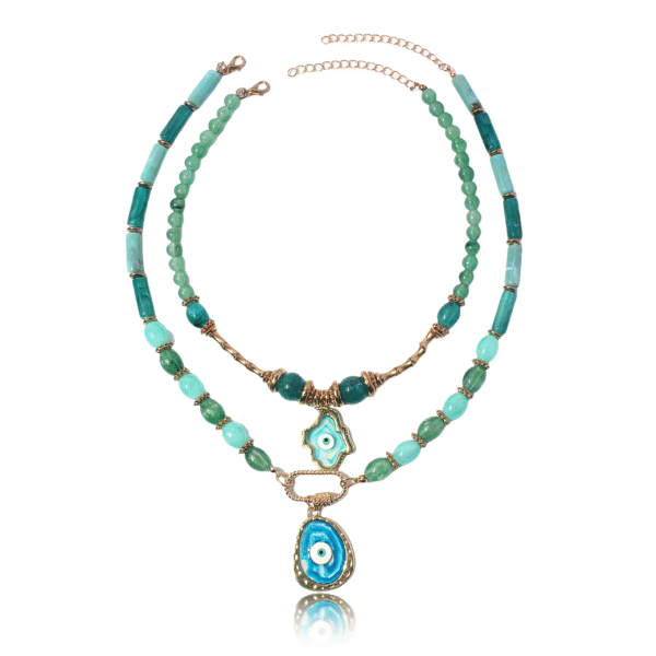Layered evil eye necklace featuring cosmic energy symbolism and spiritual charm