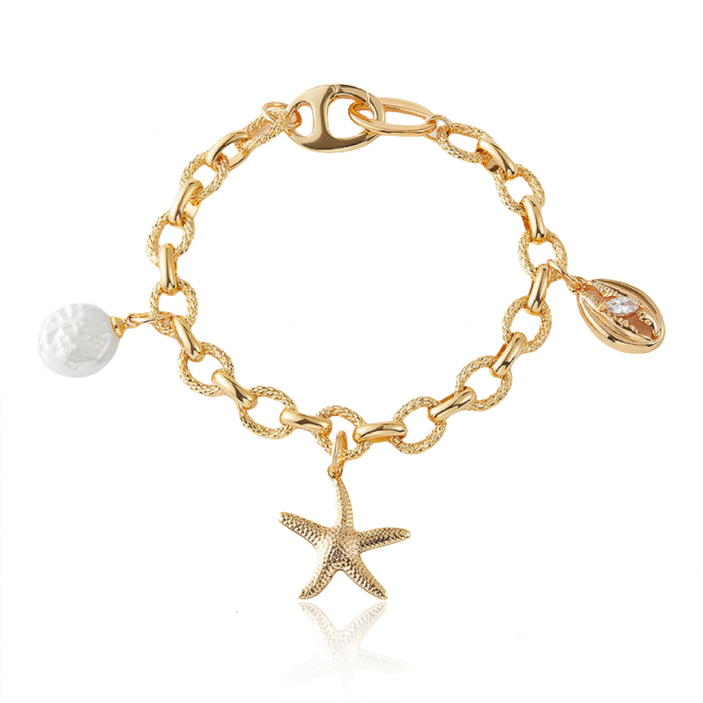Cosmic Ocean Bracelet with pearl and starfish on white background