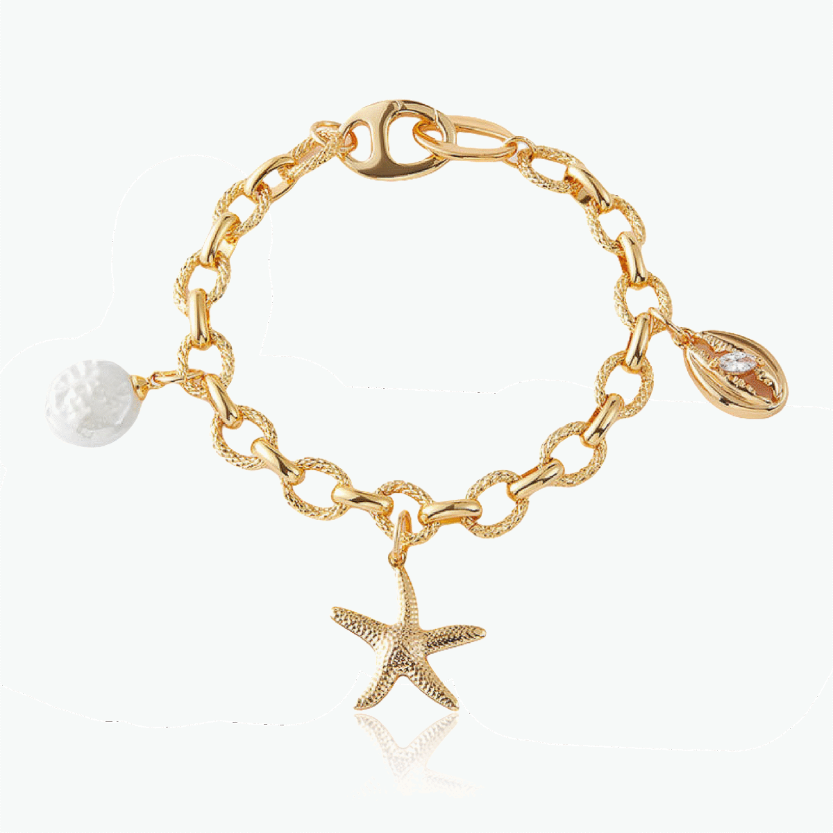 Cosmic Ocean Bracelet with pearl and starfish on white background
