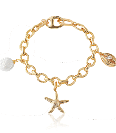 Cosmic Ocean Bracelet with pearl and starfish on white background