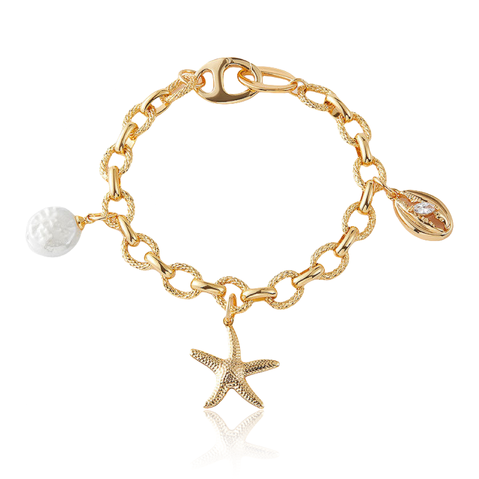 Cosmic Ocean Bracelet – Star Charm of Renewal– Main View Cosmic Ocean Bracelet with pearl and starfish on white background