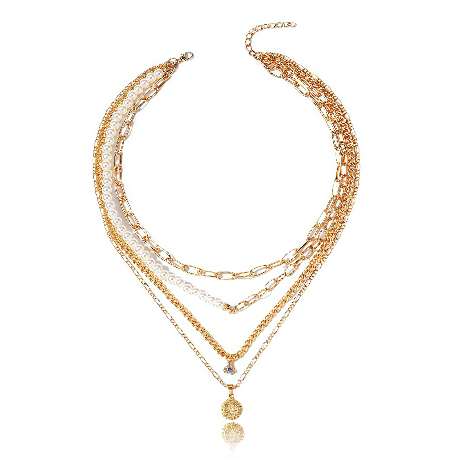 Cosmic Guardian Necklace – Sun, Moon & Evil Eye Layers – Main View Cosmic Guardian Necklace – Sun, Moon & Evil Eye Charm Close-Up