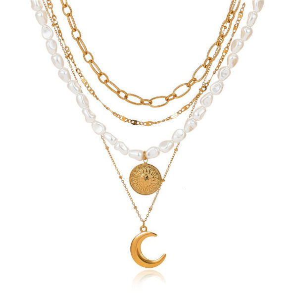 Celestial Harmony Necklace with gold chains and sun, moon, pearl charms