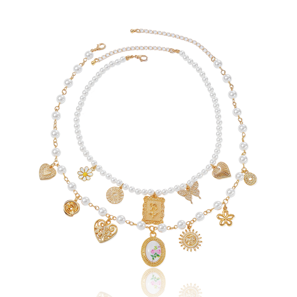 Cosmic Harmony Necklace with layered pearls and spiritual charms on white background