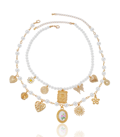 Cosmic Harmony Necklace with layered pearls and spiritual charms on white background