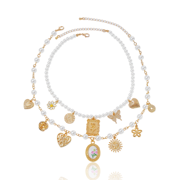 Cosmic Harmony Necklace with layered pearls and spiritual charms on white background