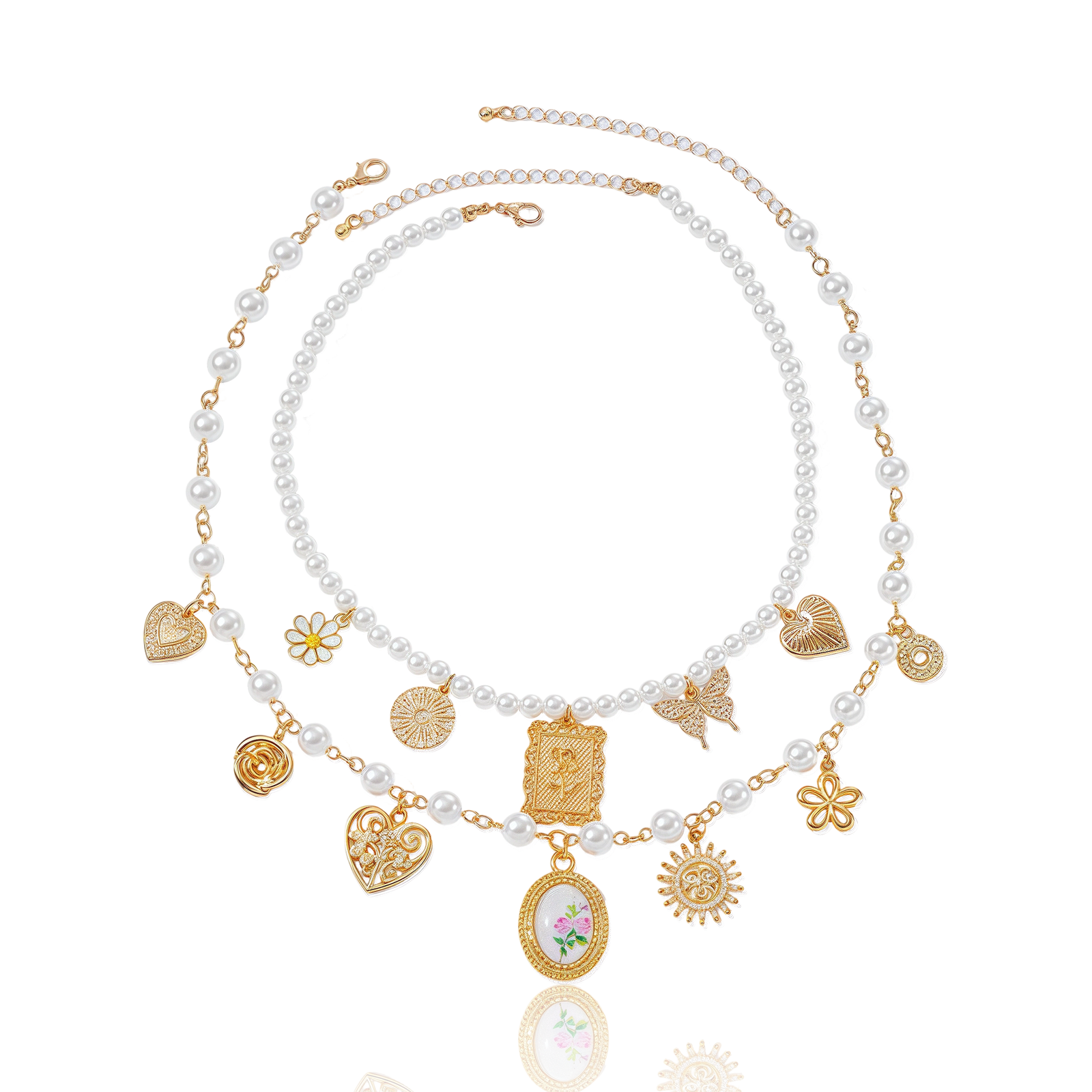 Cosmic Harmony Necklace – Symbols of Light and Love– Main View Cosmic Harmony Necklace with layered pearls and spiritual charms on white background
