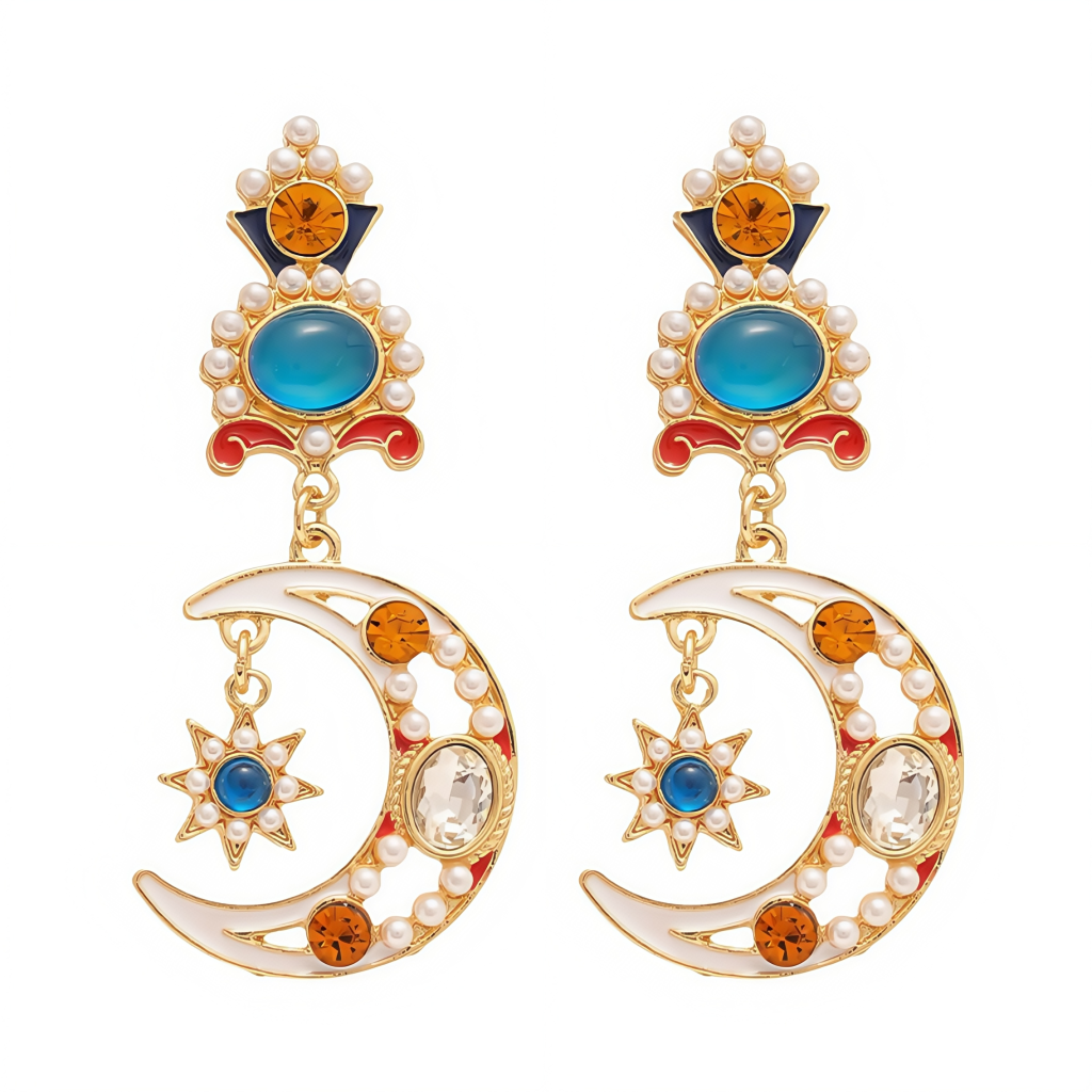 Celestial Pearl Earrings on white background – moon and pearl jewelry