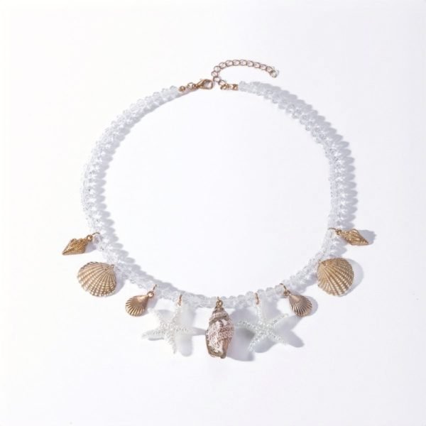 Cosmic Tide Pearls Necklace with pearls, shells, and starfish charms on white background