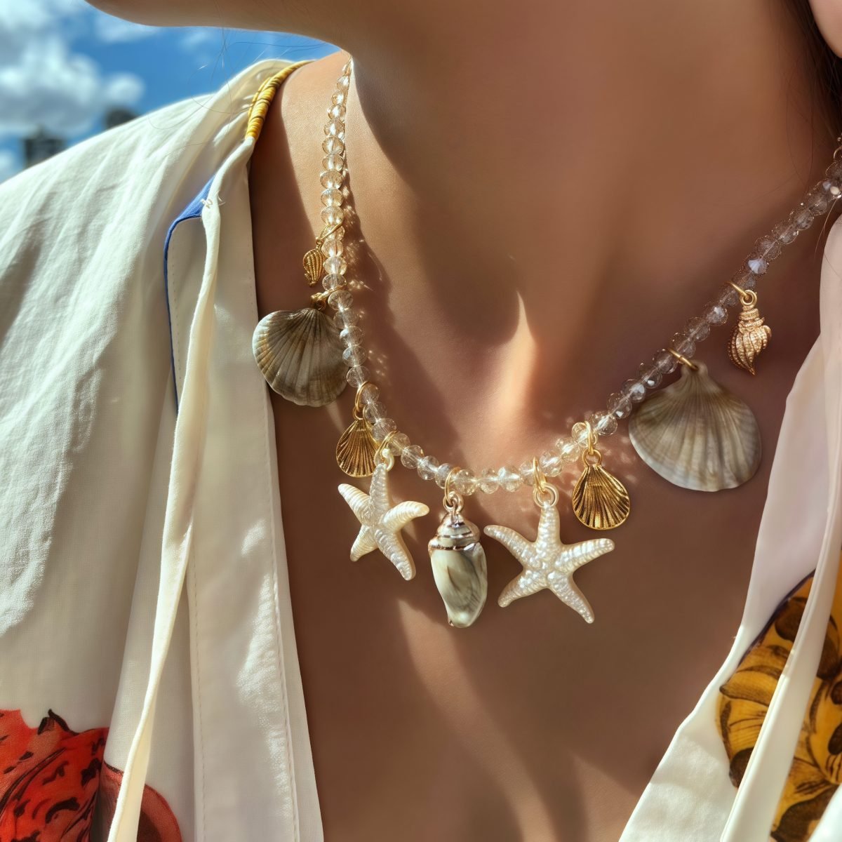 Model wearing Cosmic Tide Pearls Necklace, showcasing its ocean and cosmic design