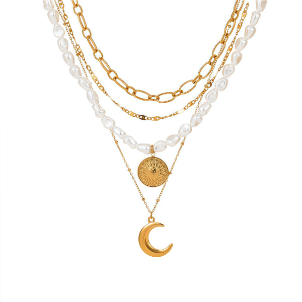 Celestial Harmony Necklace with gold chains and sun, moon, pearl charms