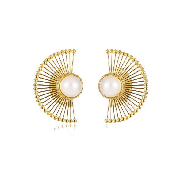 Cosmic Pearl Fan Earrings with centered pearl on white background