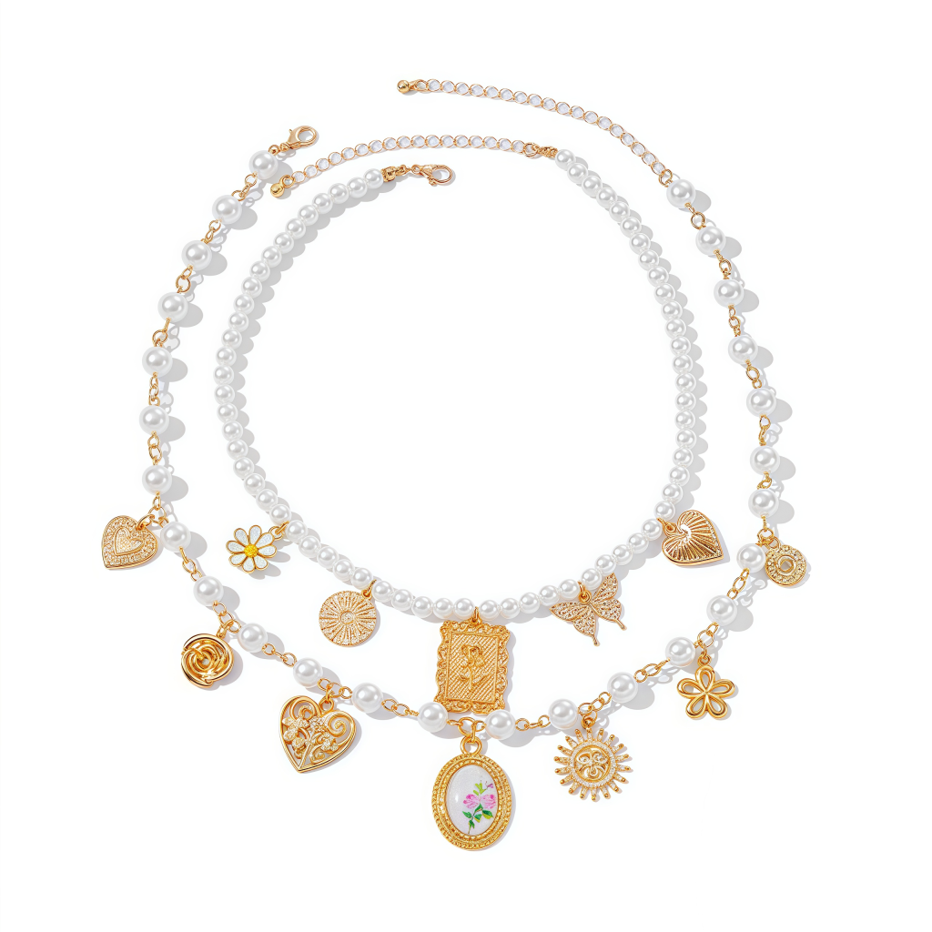 Cosmic Harmony Necklace with layered pearls and spiritual charms on white background
