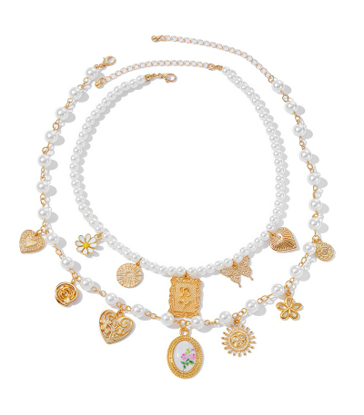 Cosmic Harmony Necklace with layered pearls and spiritual charms on white background