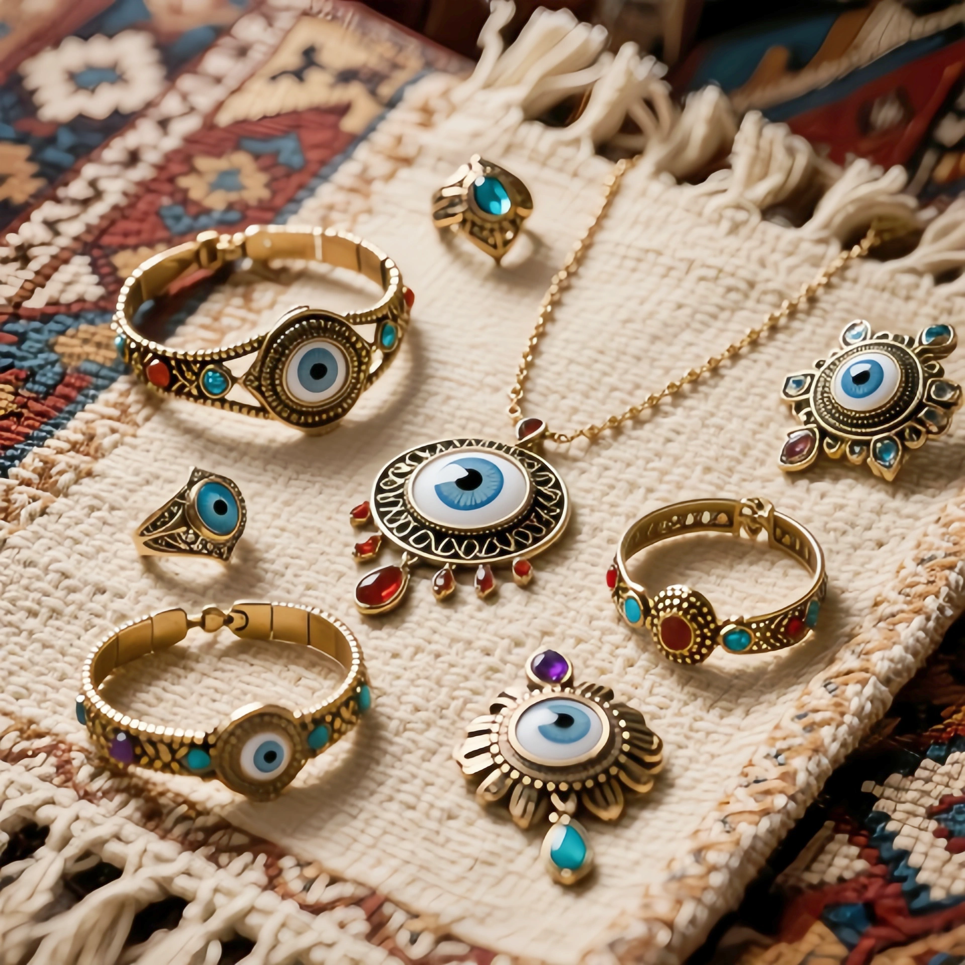 Many Evil Eye jewelry pieces are arranged on beige fabric to show the aesthetics and symbolism of the Evil Eye