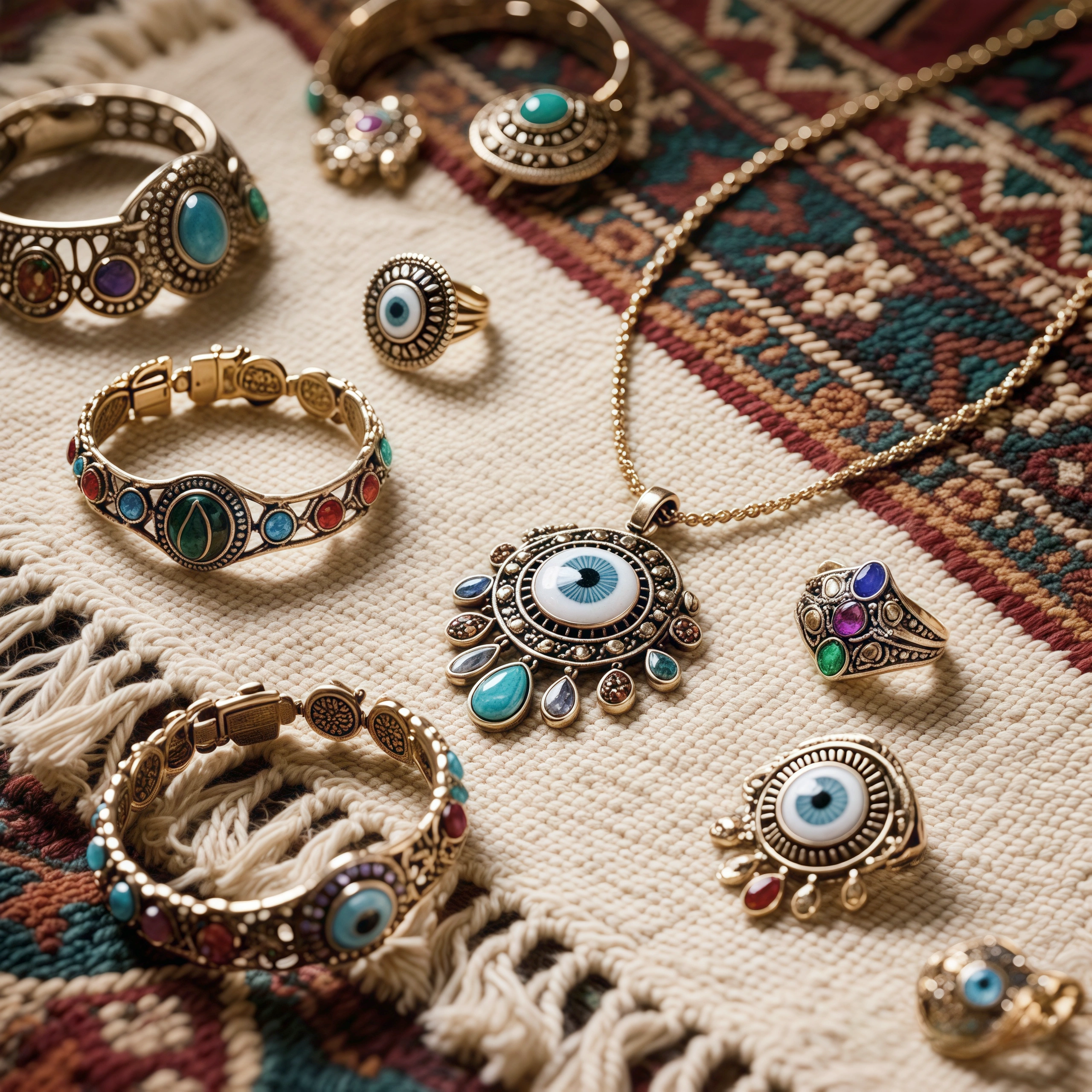 Many Evil Eye jewelry pieces are arranged on beige fabrics, such as rings, bracelets,...