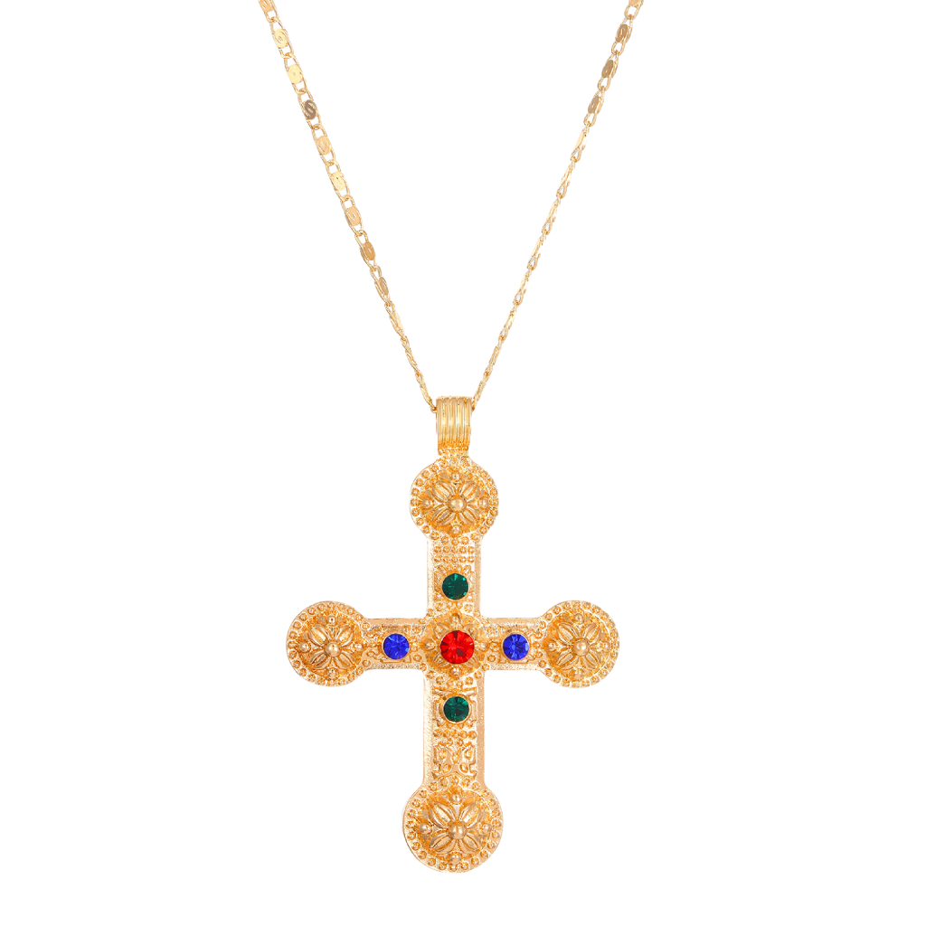 Cosmic Energy Cross Necklace with yellow gold plating and rainbow zirconia stones