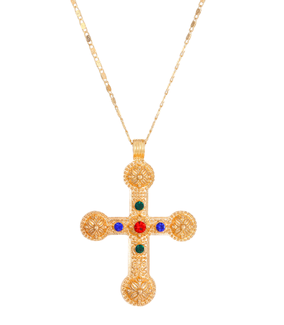 Cosmic Energy Cross Necklace with yellow gold plating and rainbow zirconia stones
