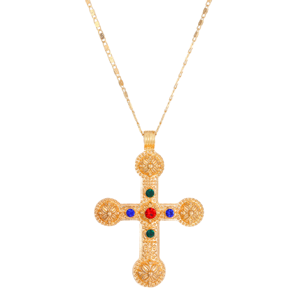 Cosmic Energy Cross Necklace with yellow gold plating and rainbow zirconia stones