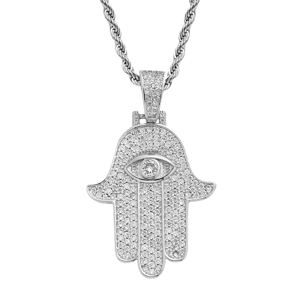Hamsa necklace with micro zirconia and cosmic energy symbolism