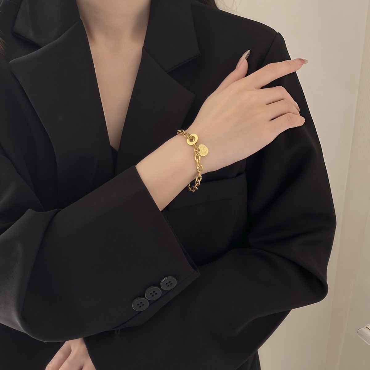Model wearing Evil Eye Heart Bracelet – love and protection talisman