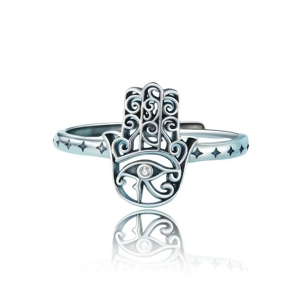 Celestial Harmony – Adjustable Silver Hamsa Ring