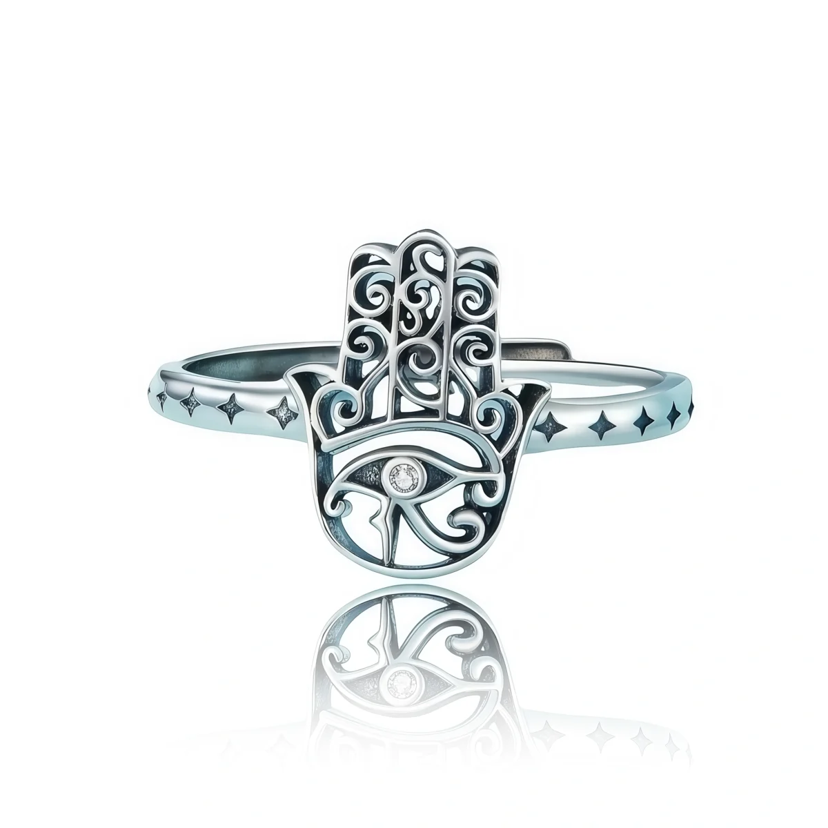 Celestial Harmony – Adjustable Silver Hamsa Ring