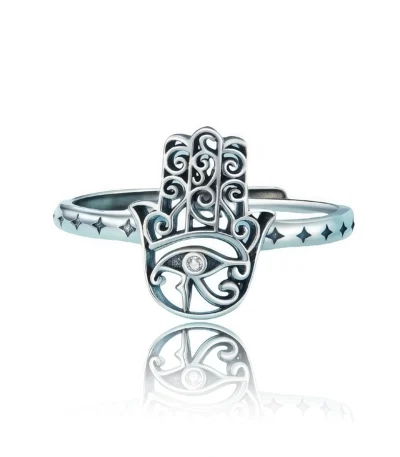 Celestial Harmony – Adjustable Silver Hamsa Ring