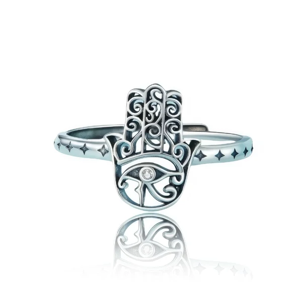 Celestial Harmony – Adjustable Silver Hamsa Ring