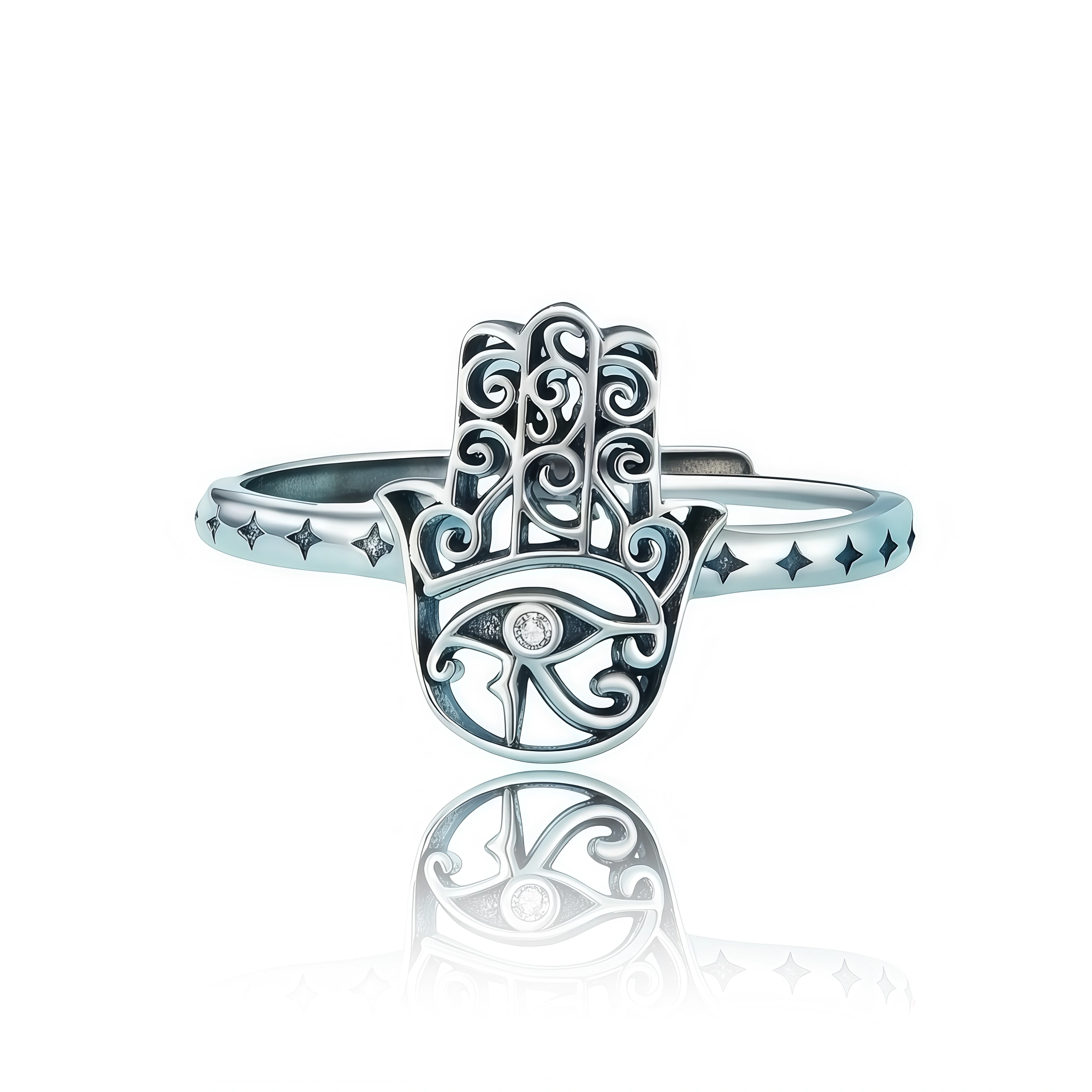 Celestial Harmony – Adjustable Silver Hamsa Ring Celestial Harmony – Adjustable Silver Hamsa Ring