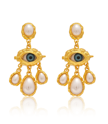 Cosmic Energy Pearl Earrings with Evil Eye and tassels on white background