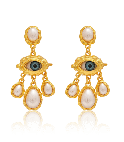 Cosmic Energy Pearl Earrings with Evil Eye and tassels on white background