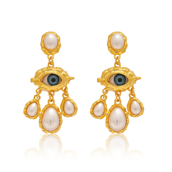 Cosmic Energy Pearl Earrings with Evil Eye and tassels on white background
