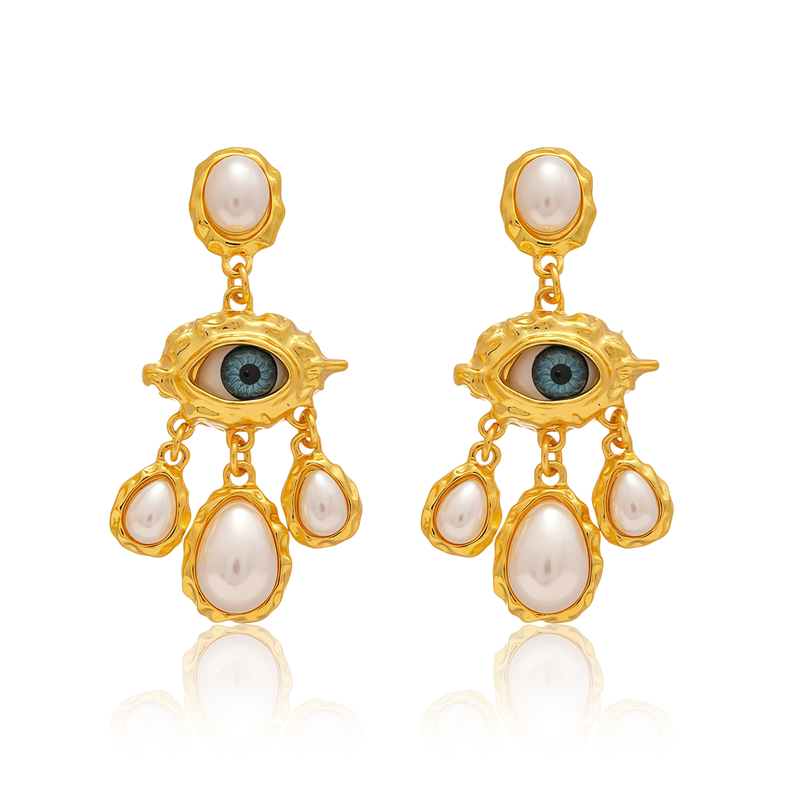 Celestial Guardian Earrings – Evil Eye & Pearls-main view Cosmic Energy Pearl Earrings with Evil Eye and tassels on white background