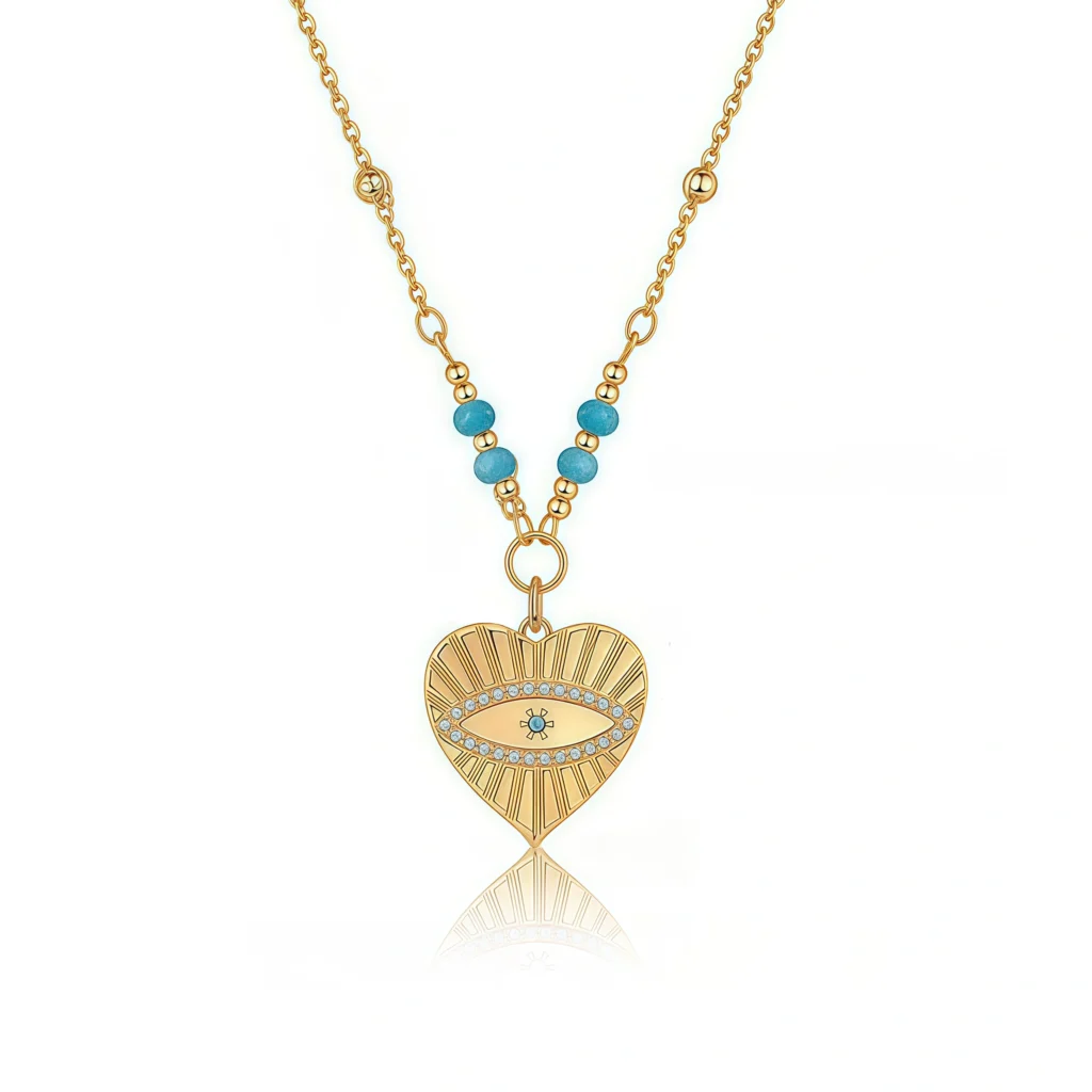 Cosmic Love Turquoise Peach Heart Evil Eye Necklace on white background