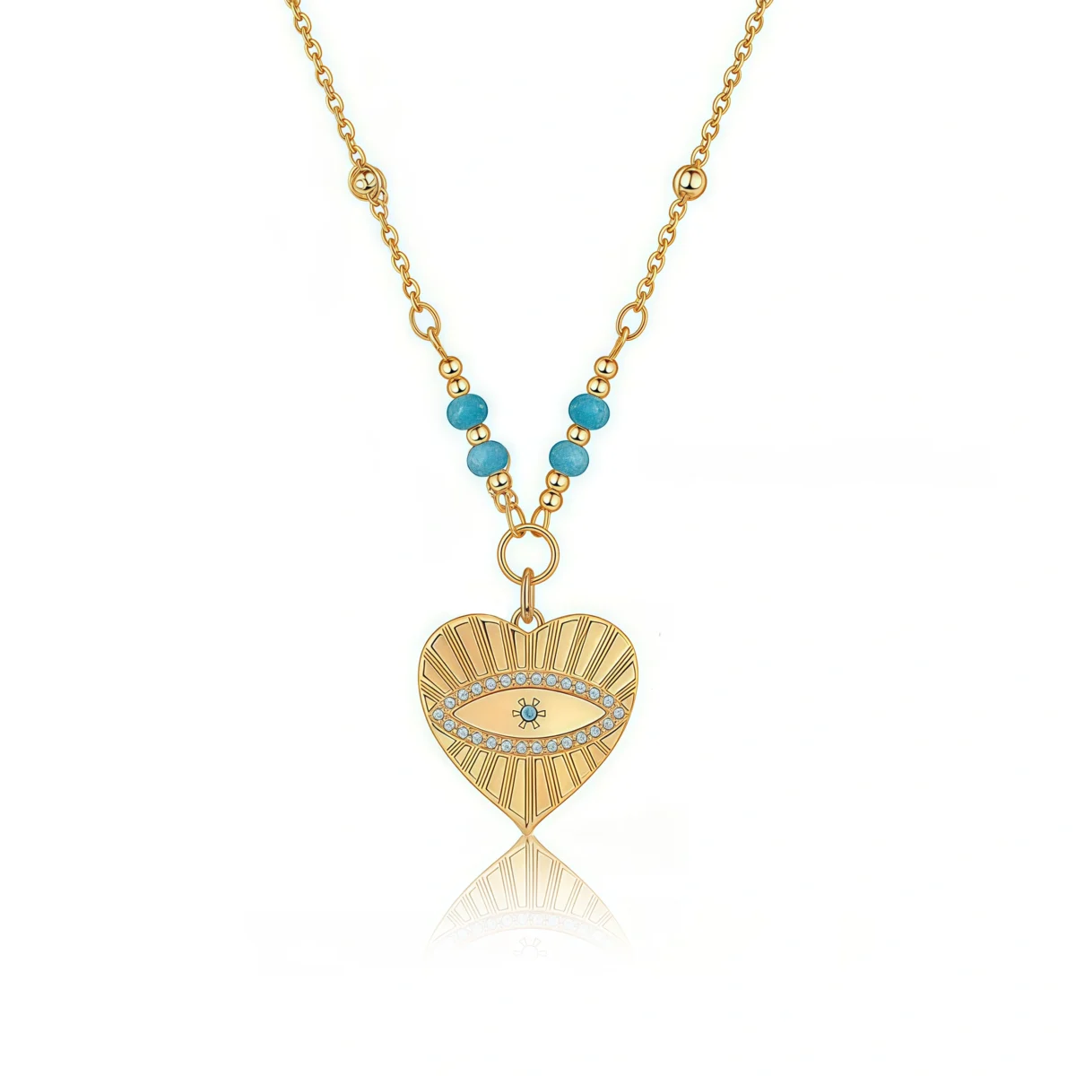 Cosmic Love Turquoise Peach Heart Evil Eye Necklace on white background